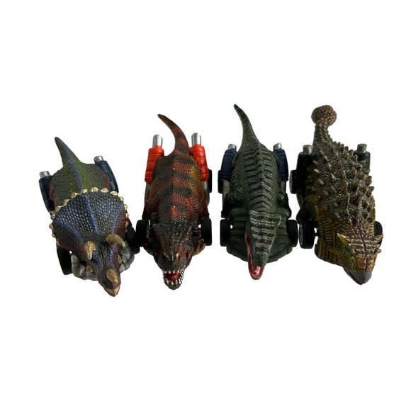 Lot 4 Dinosaur Motorized Pull Back Cars Toys Triceratops Ankylosaurus Works - Picture 1 of 7